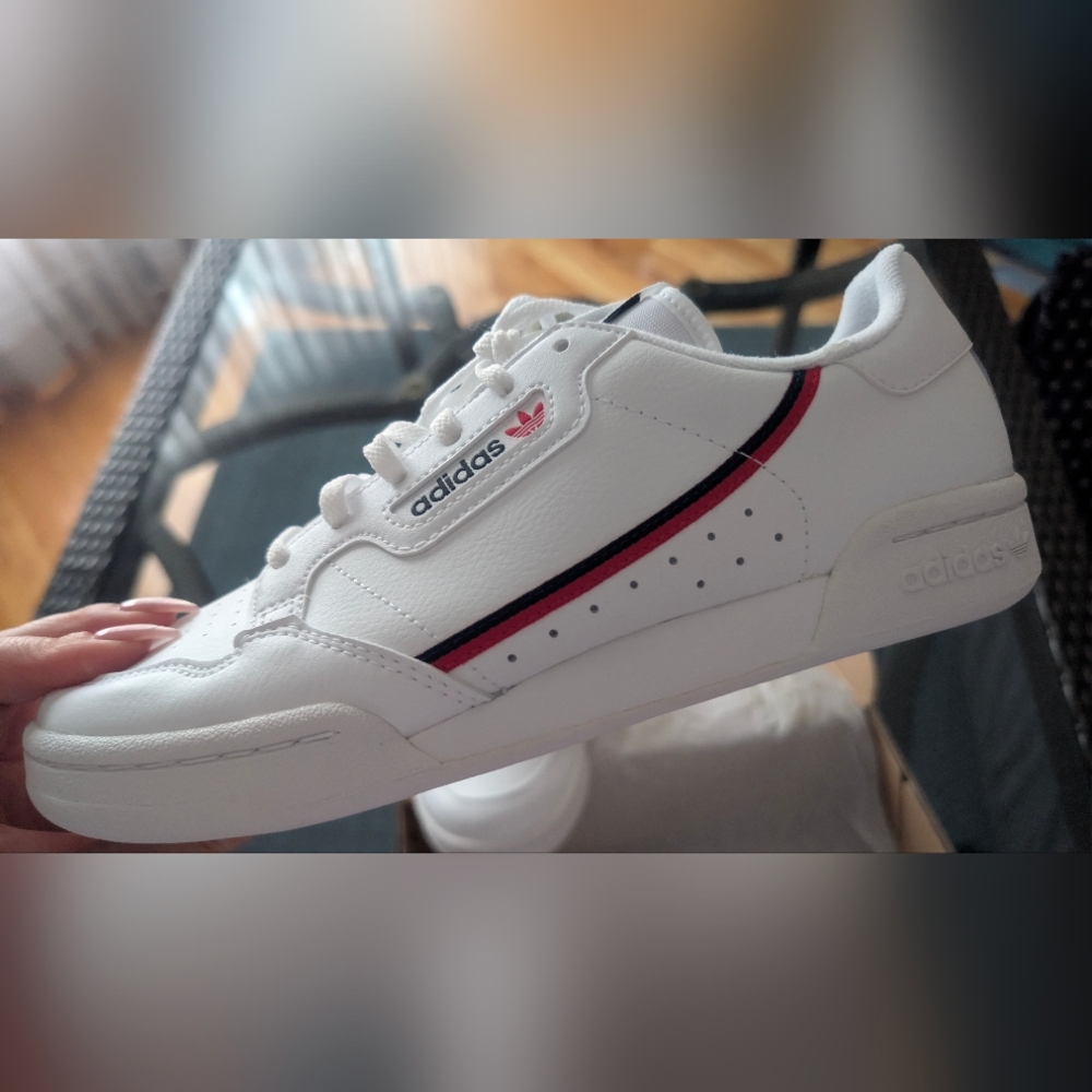 Adidas White Sneakers with Red and Black Stripes